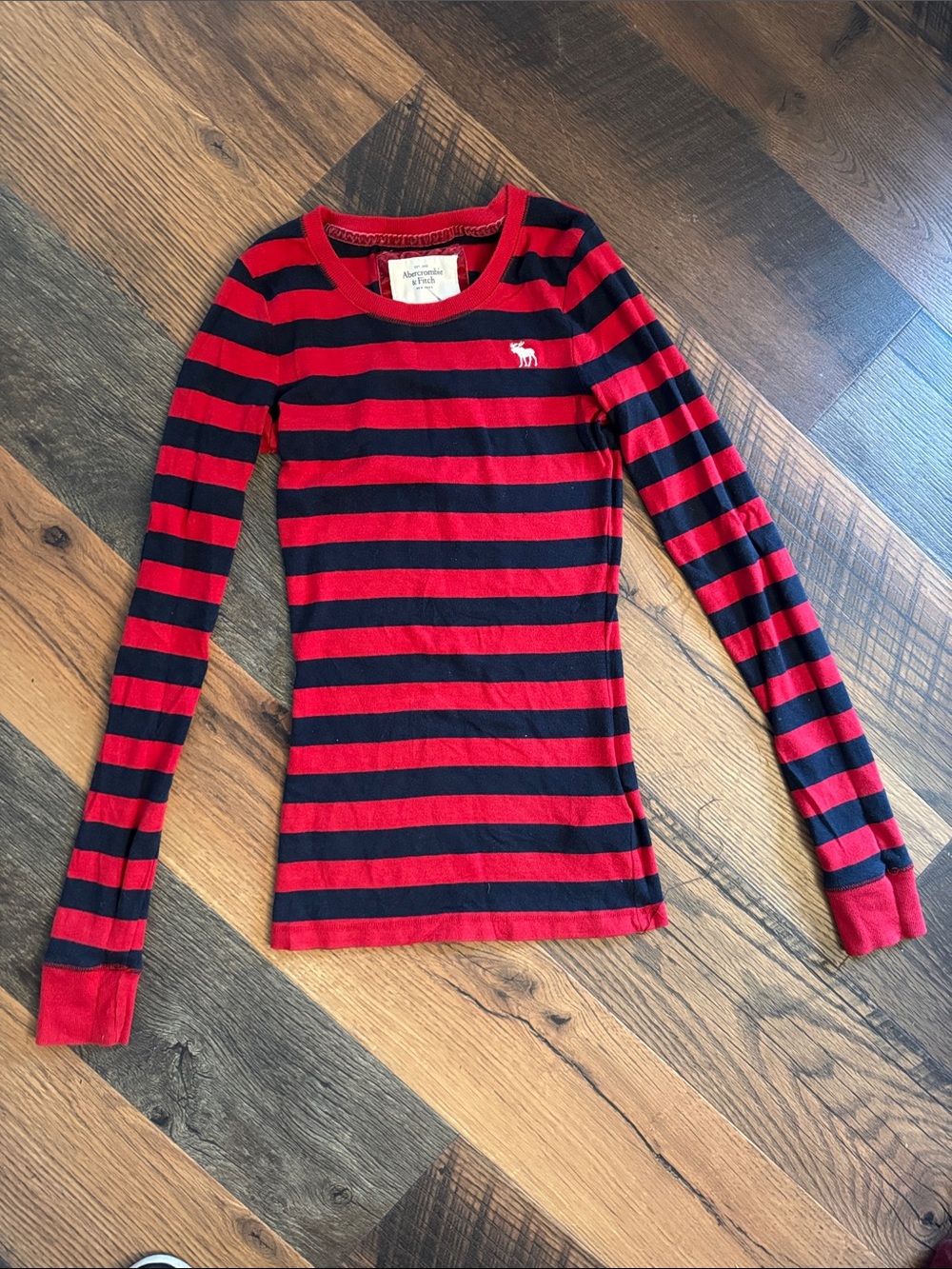 Abercrombie & Fitch Red and Navy Striped Long Sleeve Tee